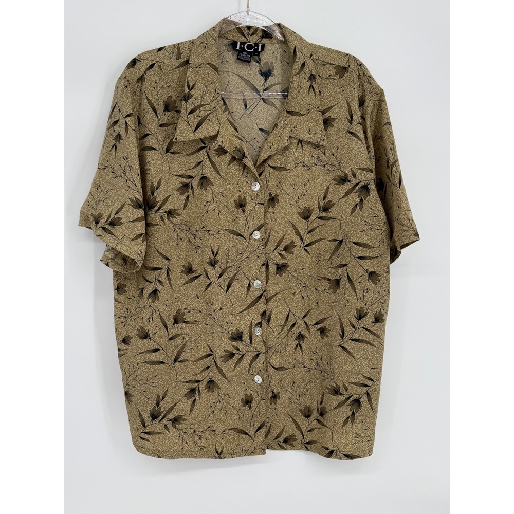 ICI Womens Tan Floral Botanical Short Sleeve Button Down Shirt Relaxed Fit Sz 22
